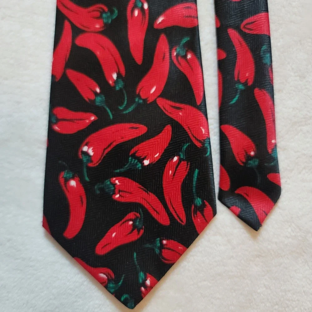 Tie Mania Necktie Mens OS Black Red Chili Pepper Novelty Foodie Handmade Spicy